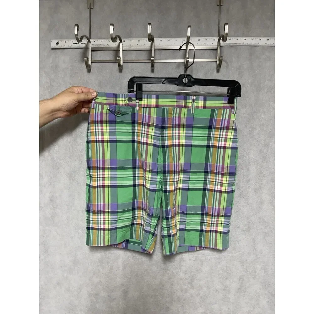 VTG Polo Ralph Lauren Shorts Men 35 Green Plaid India Madras Flap Pocket Chino